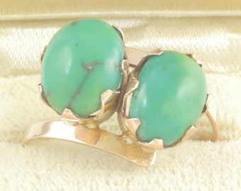 Vintage Egyptian Green Turquoise 12K Bypass Ring - Rosy Yellow Gold with Double Oval Cabochons Size 7.25 3.3 grams - Vintage Estate Jewelry