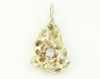 Vintage 14K Yellow Gold Diamond Nugget Pendant, 14K Nugget Necklace Pendant, 1980s 14K Gold Diamond Nugget Charm, 14K Charm, Vintage Jewelry