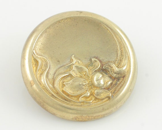 Art Nouveau Iris Brooch: Antique Brass Floral Pin
