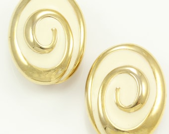 Vintage Erwin Pearl Spiral Statement Earrings, 1980s Cream Enamel Gold Tone Clip On Earrings, 1980s Erwin Pearl Clip Ons, Vintage Jewelry