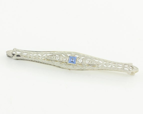 Edwardian 14K White Gold Filigree Bar Pin: Diamond and Lab-Created Sapphire Antique Brooch View 2