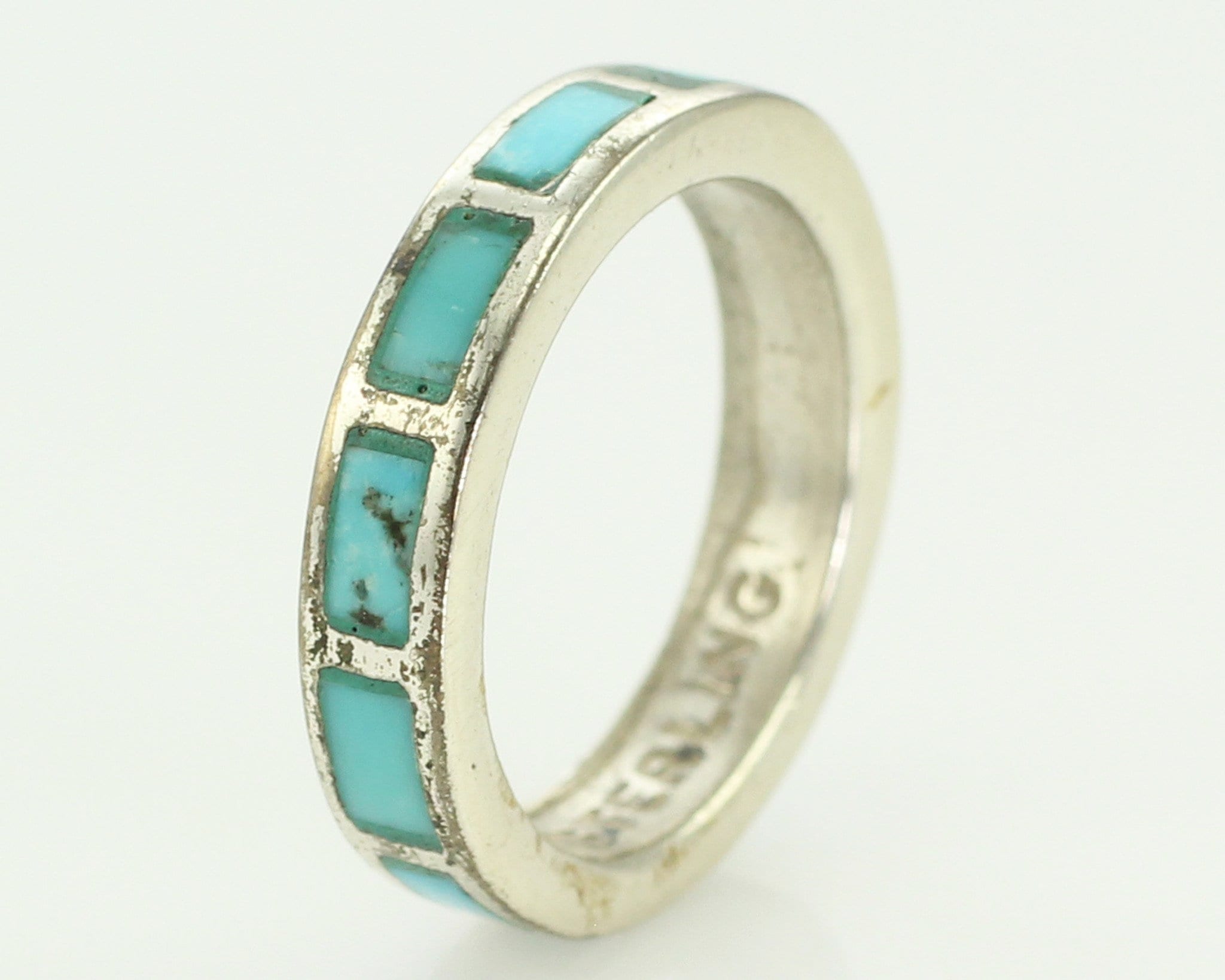 Vintage Turquoise Inlaid Sterling Silver Wedding Band Ring