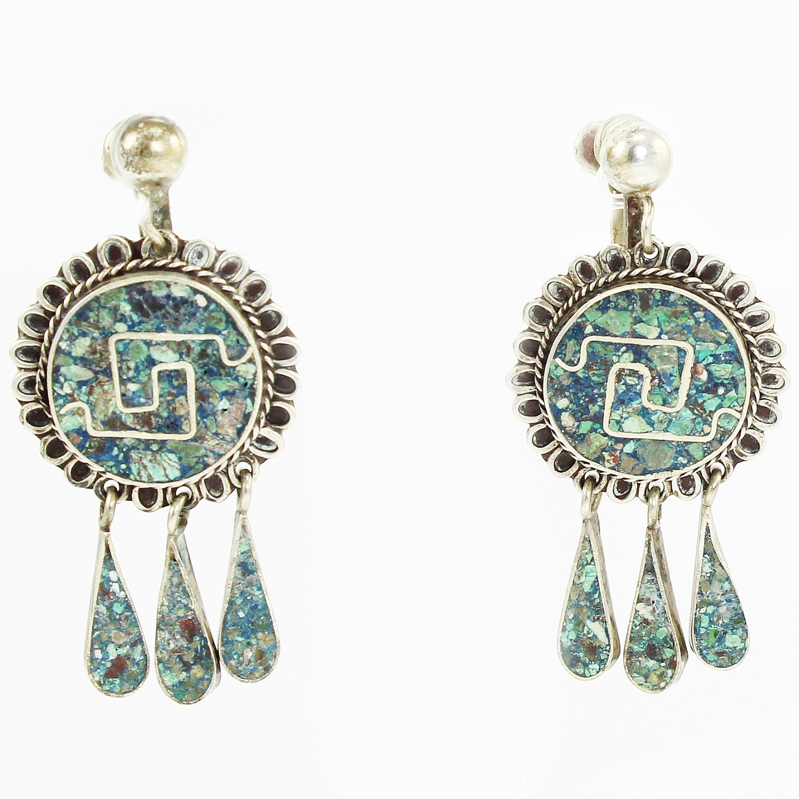 Mid Century Modern Mexican Dangle Sterling Mosaico Azteca Earrings