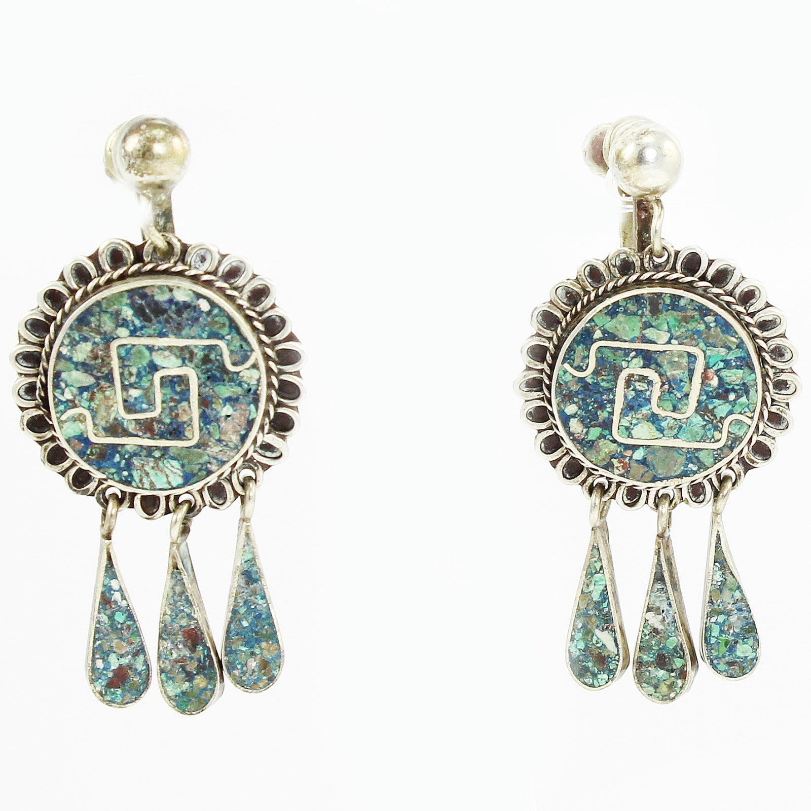 Mid Century Modern Mexican Dangle Sterling Mosaico Azteca Earrings 