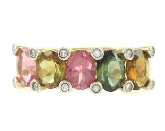 Multi-Colored Natural Tourmaline Diamond 14K Ring - Oval Green Pink Golden Tourmaline Band - Size 10.5 - 4.9 gram - Vintage Fine Jewelry