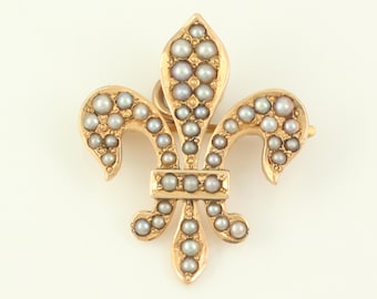 Antique 14K Seed Pearl Fleur de Lis Pin Pendant, Dainty 14K Solid Gold Pearl Fleur de Lis Brooch, 14K Pearl Fleur de Lis, Vintage Jewelry
