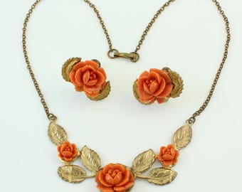 Vintage Celluloid Rose and Brass Necklace Earring Set, Art Deco Brass and Coral Colored Celluloid Rose Choker and Earrings, Vintage Jewelry