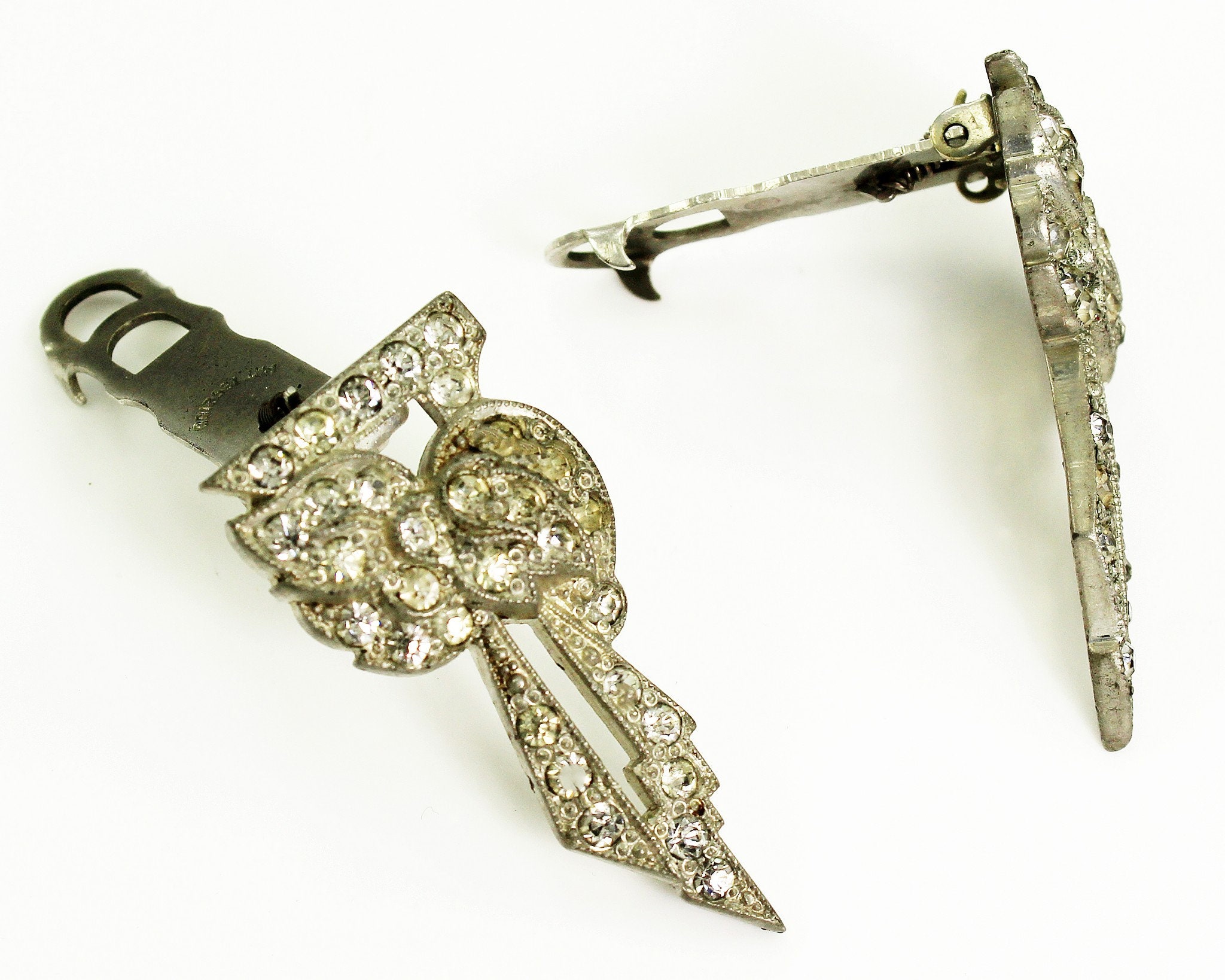 Art Deco Rhinestone Dress Clips Vintage Crystal and Jadeite Glass