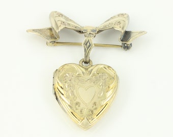 Vintage 10K GF Heart Locket Bow Brooch, 1940s 10K Yellow Gold Fill Locket Pin, Vintage Engraved 10K GF Heart Locket Brooch, Vintage Jewelry