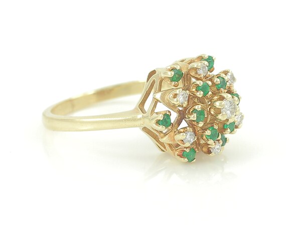 Vintage 14K Diamond Emerald Cluster Ring, 1960s R… - image 3