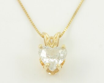 Vintage 1 CT Diamond Heart Solitaire Necklace 14K Yellow Gold, 1990s 14K Gold 1 CT Diamond Solitaire Pendant Necklace, Vintage Jewelry