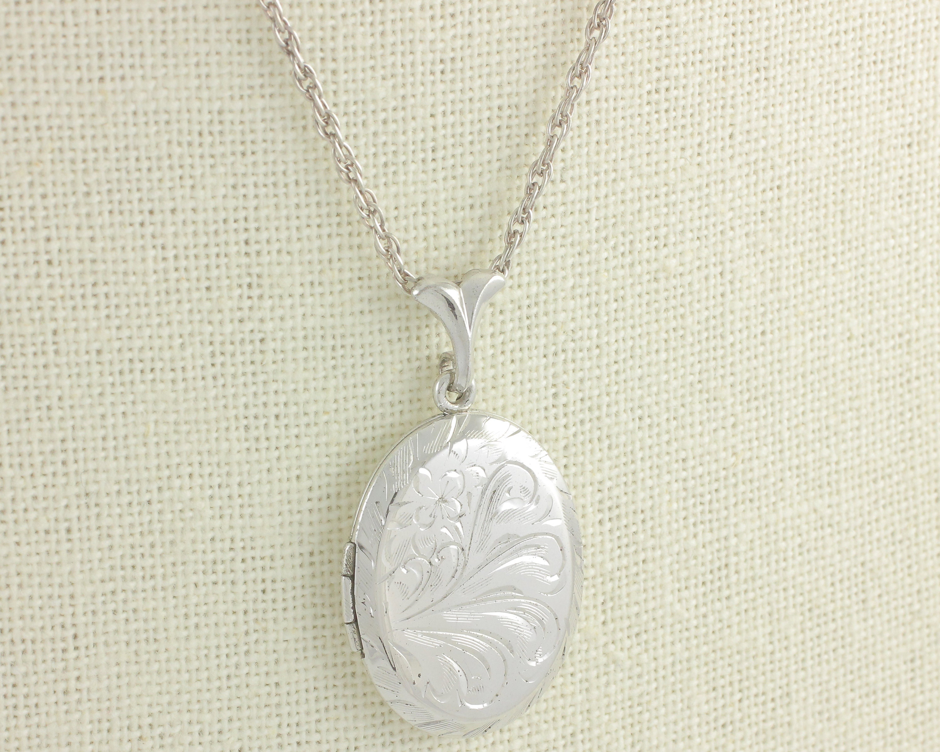 Engraved Oval Locket Sterling Silver B.A. Ballou Flower Scroll