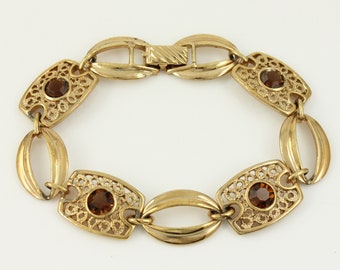 Vintage Sarah Coventry Butterscotch Bracelet, Sarah Coventry Gold Tone Filigree Golden Rhinestone Bracelet, 1970s Bracelet, Vintage Jewelry