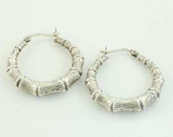 Vintage Sterling Silver Bamboo Hoop Earrings, 925 Silver Puffed Bamboo Hoops, 1980s Silver Hoop Earrings, 80s Sterling Hoops,Vintage Jewelry