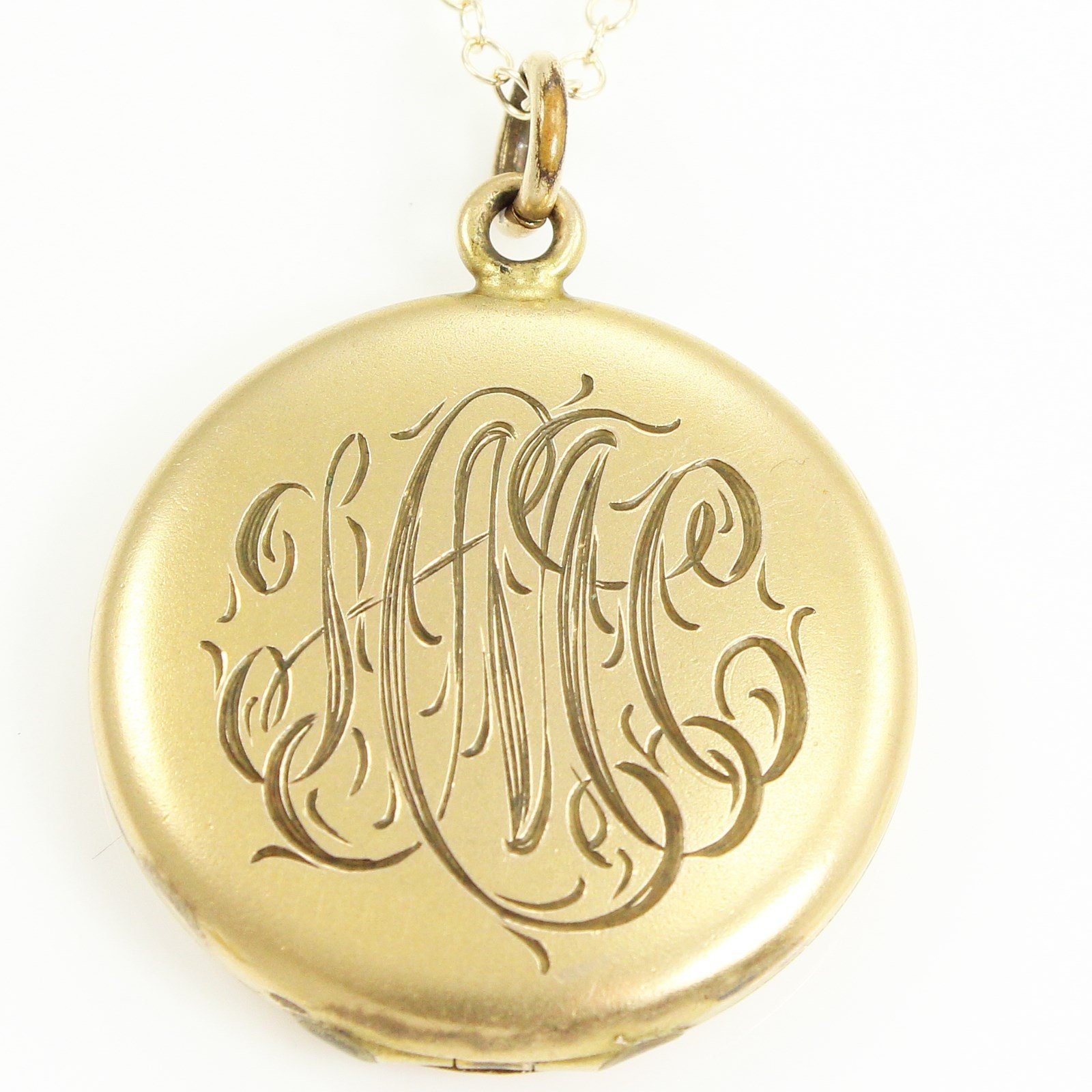 Victorian Monogrammed Round Locket Pendant Necklace 10K Gold Filled J.M.F.  & Co. - Antique Estate Jewelry by J.M. Fisher Company