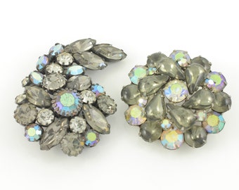 2 Vintage Weiss Rhinestone Brooches, Two Weiss Grey Aurora Borealis Rhinestone Pins, 1960s Weiss Brooches, Vintage Weiss, Vintage Jewelry