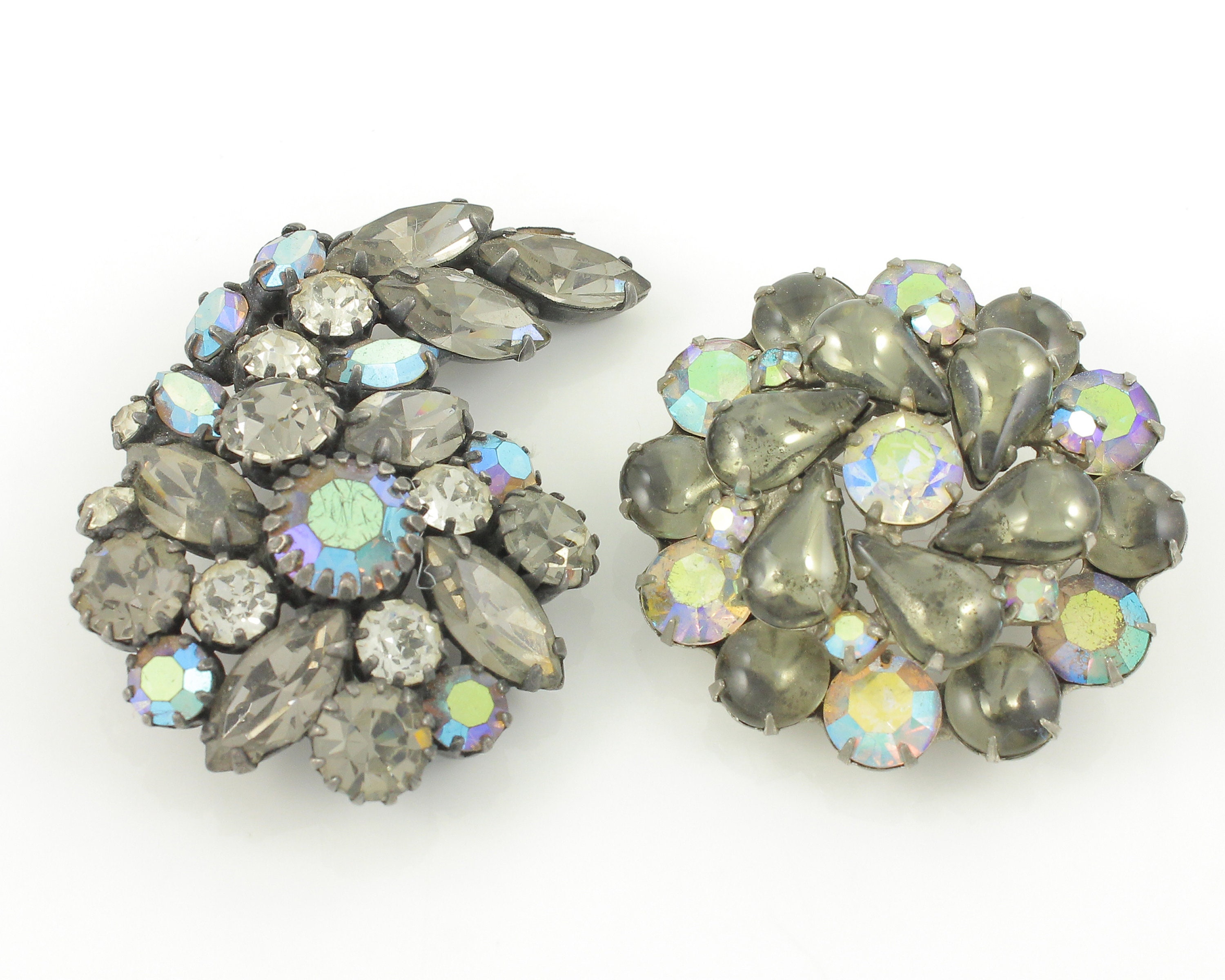 2 Vintage Weiss Rhinestone Brooches, Two Weiss Grey Aurora