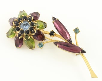 Vintage Purple Green Rhinestone Flower Brooch, Vintage Rhinestone Long Stem Flower Pin, Multi Color Rhinestone Floral Pin, Vintage Jewelry