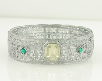 Art Deco Rhodium Plated Filigree Hinged Bangle, Wide Edwardian Filigree Bracelet with Yellow and Green Paste Stones 6.75", Vintage Jewelry