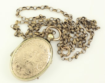 Antique Gold Filled Engraved Locket Pendant Necklace with Daguerreotype, Oval Victorian 10KGF Locket Belcher Chain Necklace, Vintage Jewelry