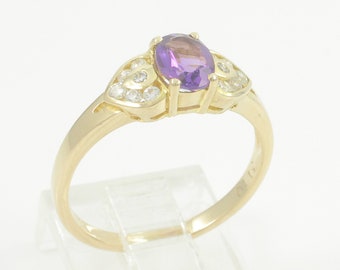 Vintage 14K Amethyst Diamond Ring, Oval Amethyst 14K Yellow Gold .25 CT Diamond Ring, 14K Size 8 Amethyst Diamond Ring, Vintage Jewelry