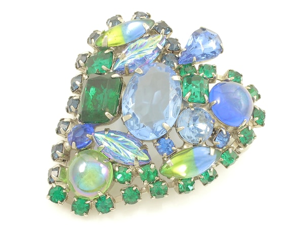 Vintage Blue Green Rhinestone Brooch, Vintage Blu… - image 5