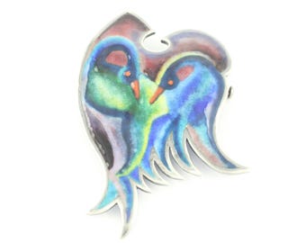 Vintage Sterling Silver Enamel Love Birds Brooch, Modernist Enamel on Silver Colorful Bird Pin, Vintage Artisan Enamel Pin, Vintage Jewelry