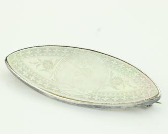 Antique Chinese Mother of Pearl Gaming Counter in Sterling Silver Brooch, Sterling Silver Mother of Pearl Navette Brooch, Vintage Jewelry