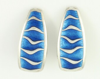 Vintage David Andersen Sterling Silver Guilloche Enamel Blue Waves Earrings, Andersen 925 Sterling Enamel Earrings Norway, Vintage Jewelry