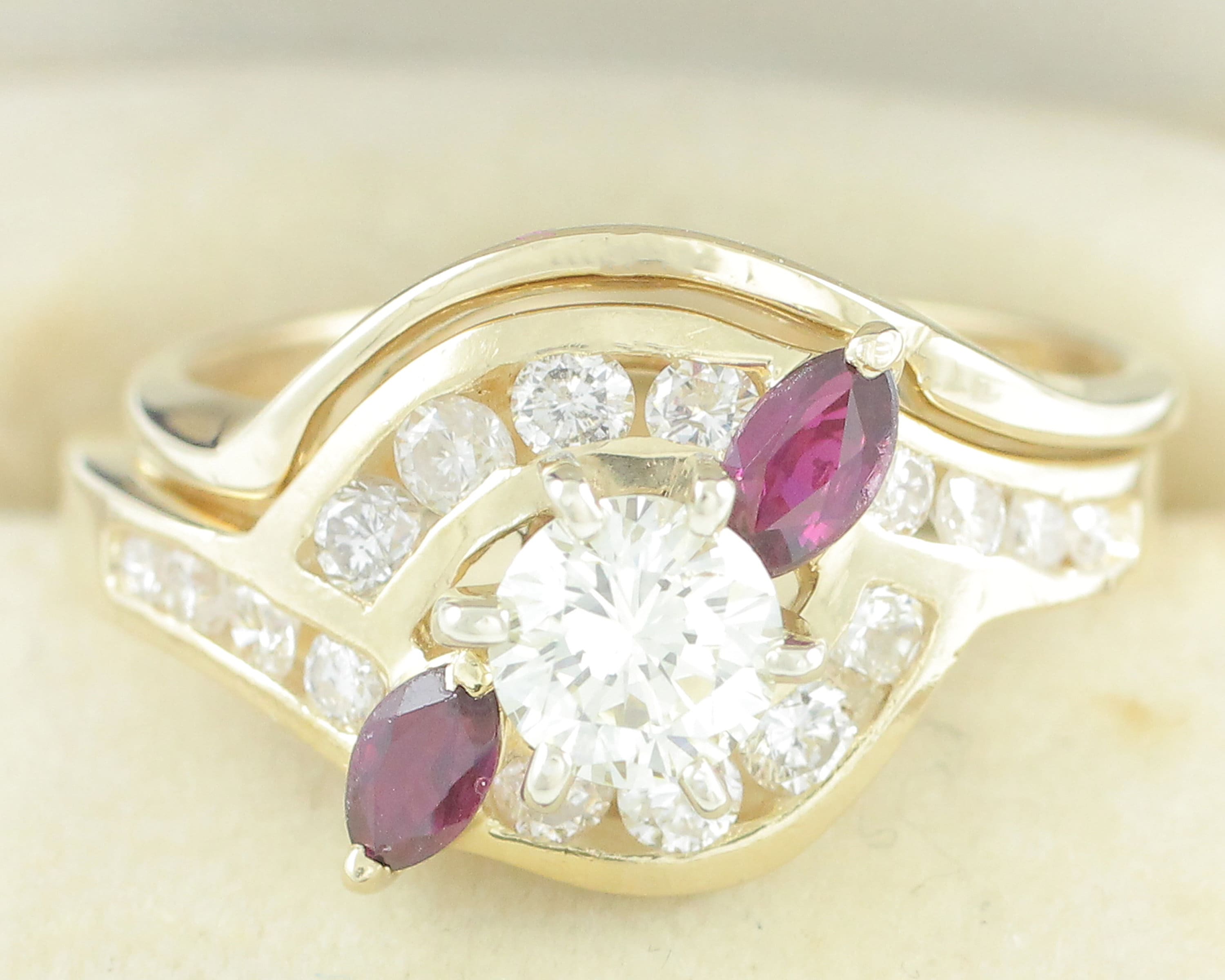 Vintage Diamond And Ruby Wedding Ring Set 14k 125 Cttw Vs1 Diamond Engagement Bridal Set 