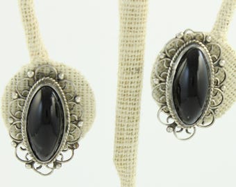 Vintage Mexico 925 Black Onyx Earrings, Mid Century Sterling Silver Black Onyx Earrings, Mexican Silver Screw Post Earrings, Vintage Jewelry