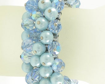 Vintage Blue Crystal AB Glass Pearl Cha-Cha Expansion Bracelet - Crystal Stretch Bracelet- Something Old Something Blue - Vintage Jewelry