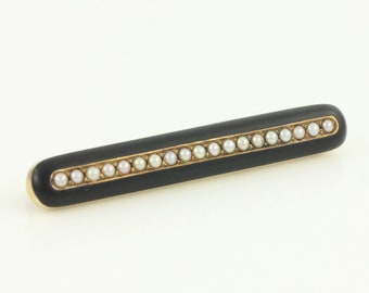 Victorian 14K Black Enamel Seed Pearl Bar Pin, Dainty 14K Mourning Brooch A.J. Hedges, 14K Matte Black Enamel Pearl Bar Pin, Vintage Jewelry