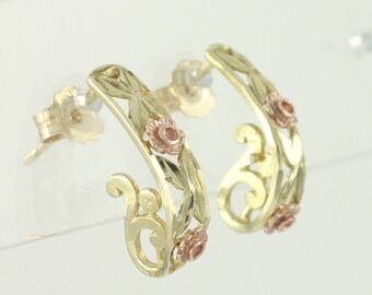Vintage 10K Rose and Yellow Gold J Hoop Earrings, 1980s Rose Yellow Gold Diamond Cut Drop Earrings, Vintage 10K Earrings, Vintage Jewelry