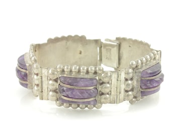 Vintage Mexican Silver Amethyst Panel Bracelet, Early Mexico Sterling Amethyst Bracelet, 925 Sterling Amethyst 8" Bracelet, Vintage Jewelry