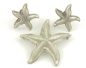 Vintage Sterling Starfish Brooch and Earring Set, 1950s Sterling Silver Sea Star Pin Earrings, Vintage Silver Mermaid Jewels,Vintage Jewelry