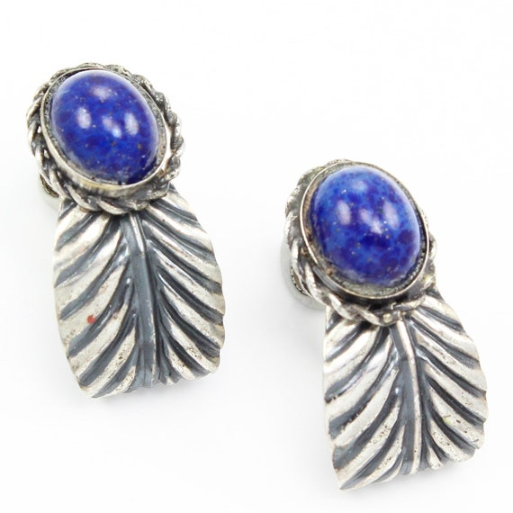 Vintage Coro Sterling Feather Faux Lapis Earrings… - image 3