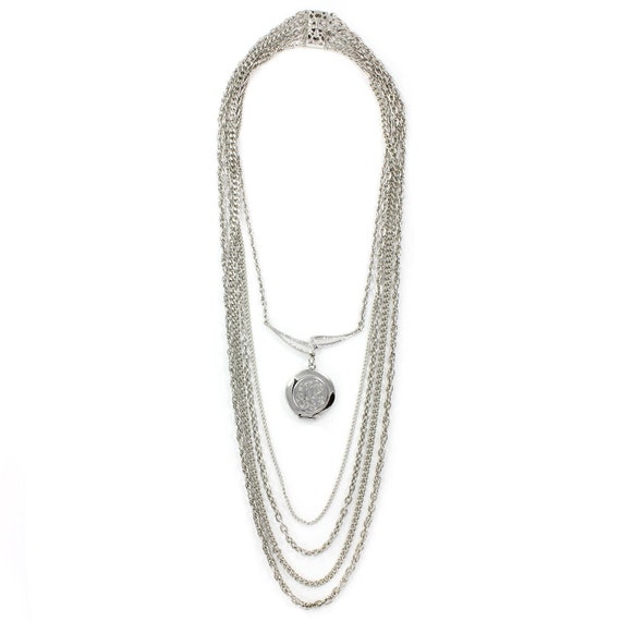 Vintage Silver Tone Locket Multi Strand Necklace, 