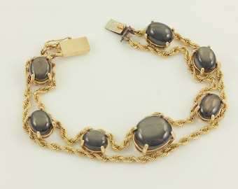 Vintage 14K Black Star Sapphire Bracelet, 1960s 14K Rope Natural Black Star Sapphire Bracelet, Mid Century 14K Bracelet, Vintage Jewelry