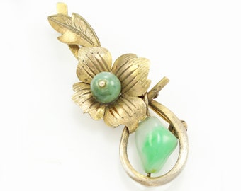 Antique Chinese Export Jadeite Silver Gilt Brooch, Vintage Chinese Floral Flower Green White Jadeite Silver Gilt Pin, Vintage Jewelry