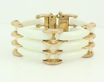 Vintage White and Gold Gate Link Bracelet, Mid Century White Plastic Gold Tone Bracelet, Chunky White and Gold Bracelet, Vintage Jewelry