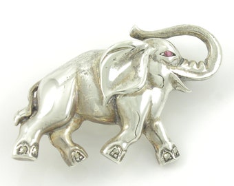 Vintage Sterling Silver Elephant Brooch, 1980s 925 Silver Marcasite Ruby Elephant Pin, Vintage 925 Sterling Elephant, Vintage Jewelry