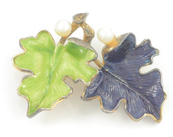 Vintage Danecraft Sterling Enamel Cultured Pearl Leaf Brooch, Vintage Danecraft 925 Green Blue Pair Leaves Pin, Nature Pin, Vintage Jewelry