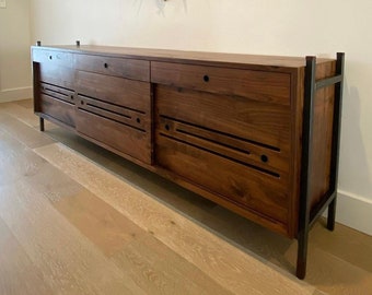 Steel and Wood Walnut Credenza