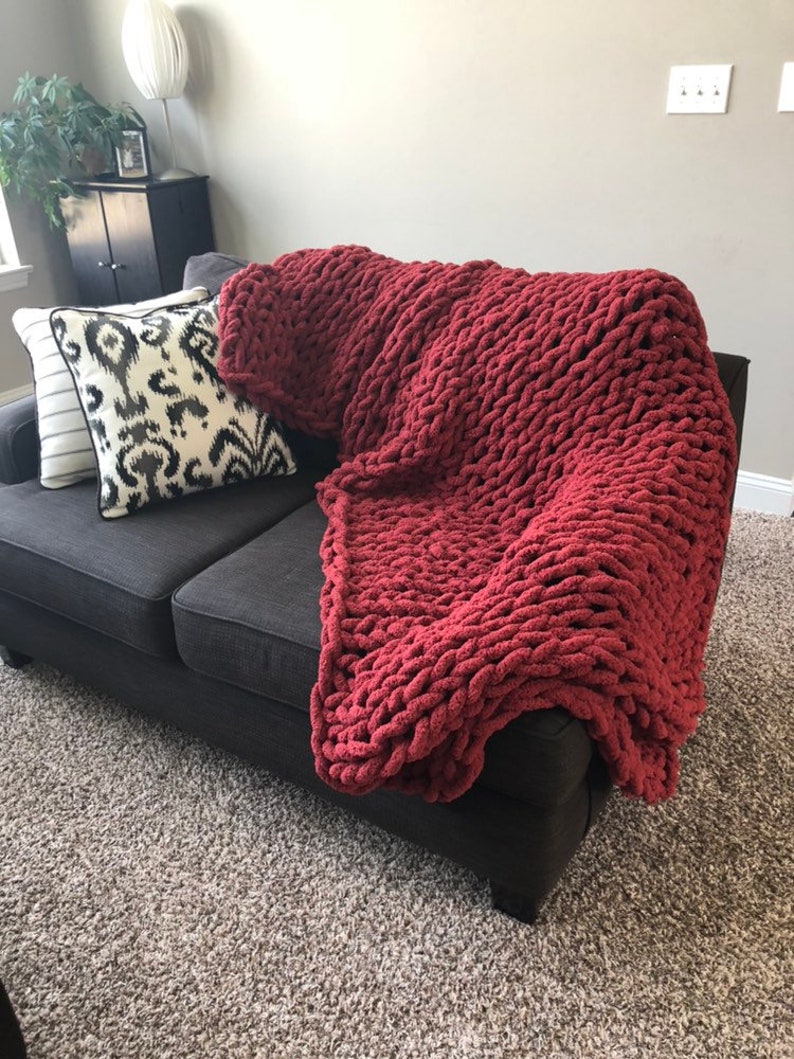 Red chunky knit blanket Etsy