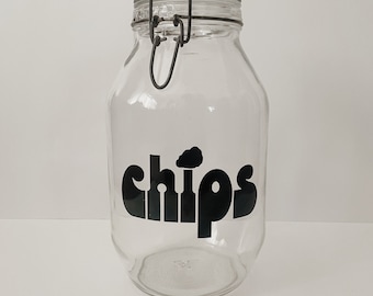 Vtg “Chips” Typographic Glass Canister