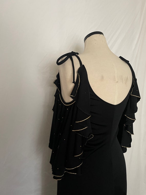 70s Black Ruffle Detail Maxi Dress - image 5