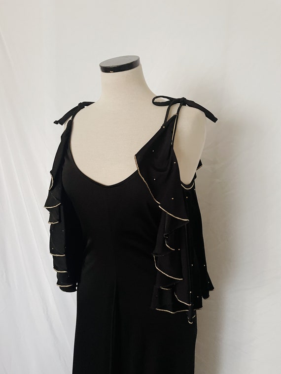 70s Black Ruffle Detail Maxi Dress - image 1