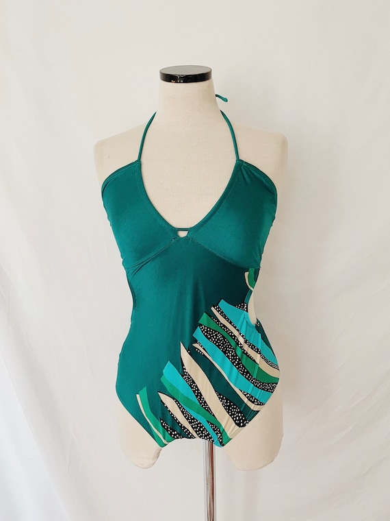 70’s Teal Cut Out Halter One Piece Bathing Suit