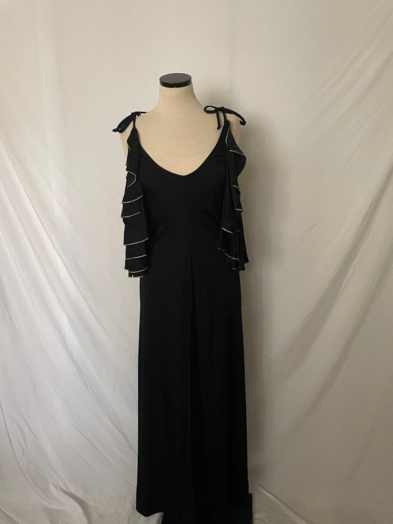 70s Black Ruffle Detail Maxi Dress - image 2